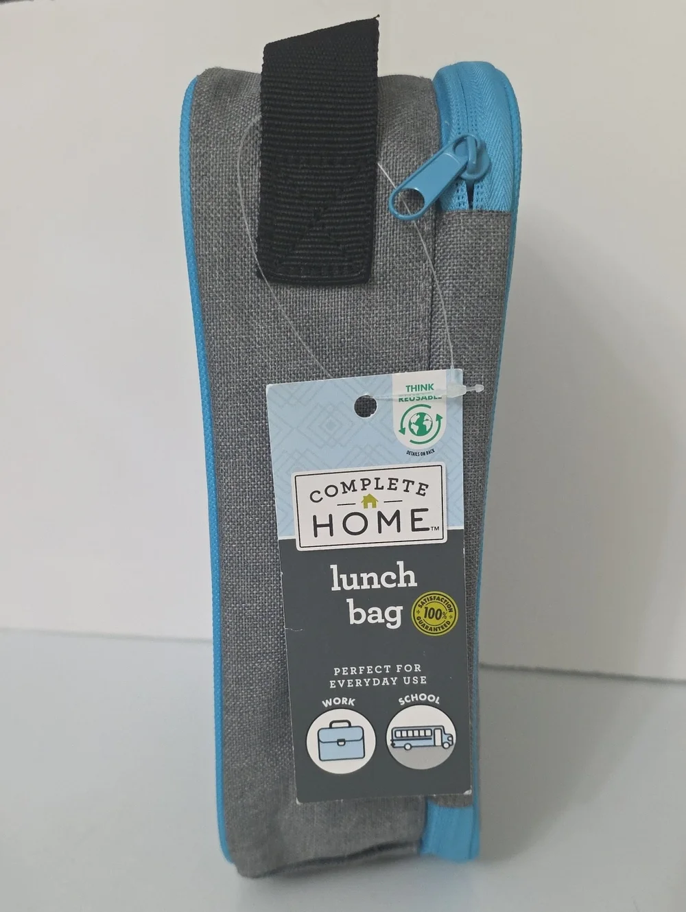 Complete Home Gray and Blue Lunch Bag with Handle, NWT